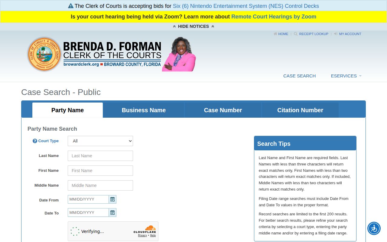 Broward Clerk court case search for arrest record disposition