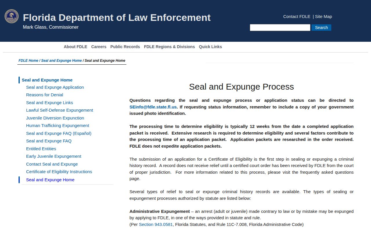 FDLE sealing and expunction process for Broward County arrest records