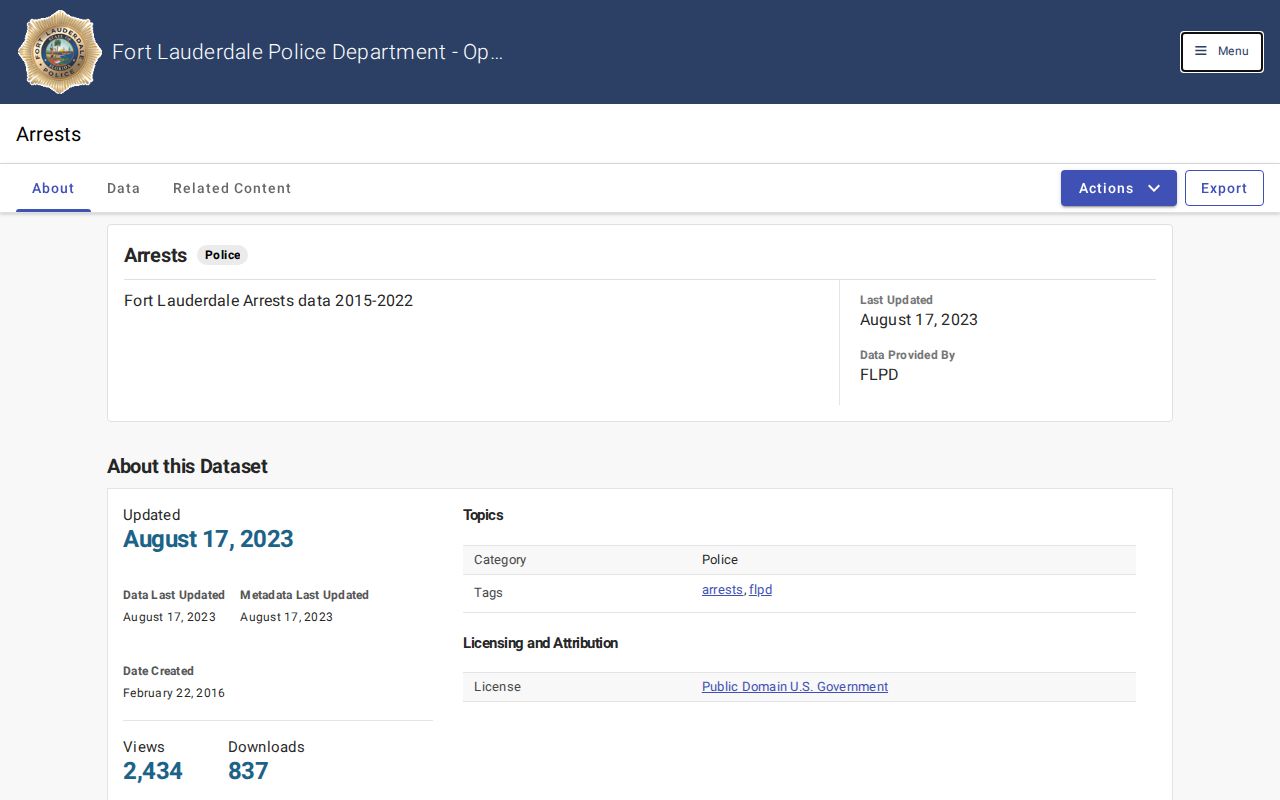 Fort Lauderdale Police Department historical arrest record dataset in Broward County