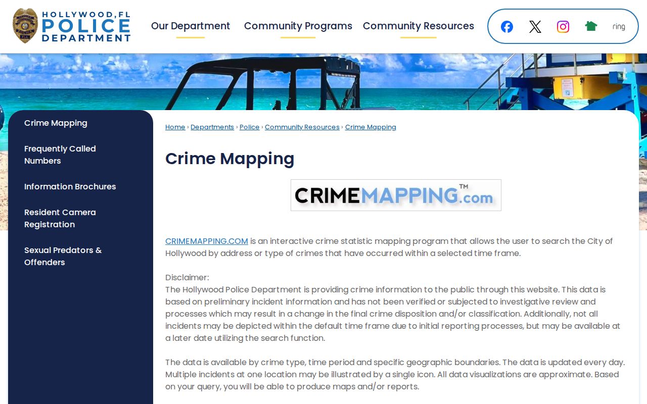 Hollywood daily crime map for Broward County incident record research
