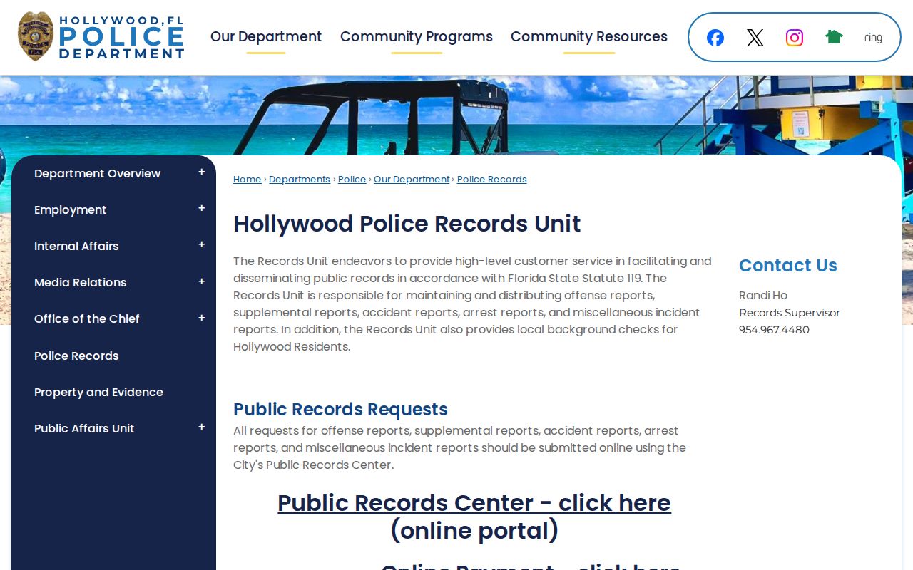 Hollywood Police Records page for Broward County arrest record requests