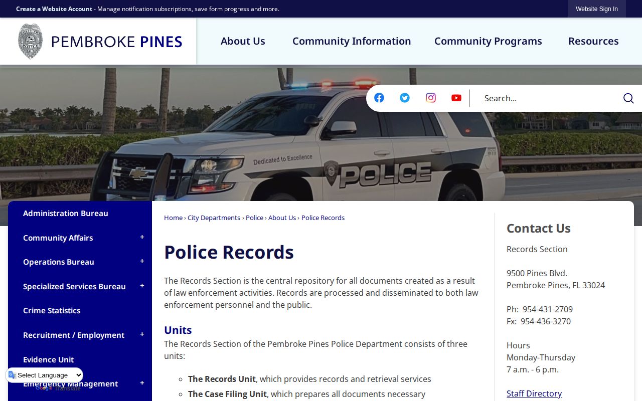 Pembroke Pines Police Records Unit arrest report request information